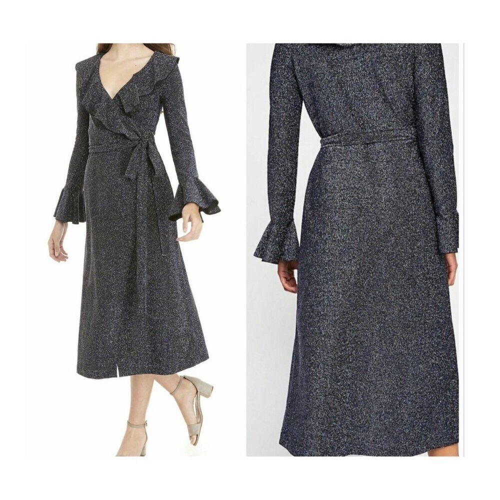Free People One More Time Blue Black Shimmer Ruffle Midi Wrap Dress  S - Picture 4 of 5